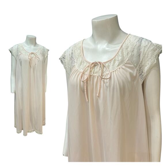 Vintage 1960s Pale Pink Lace and Floral Shirt Nightgown Slip / Women’s Large - - Picture 1 of 4